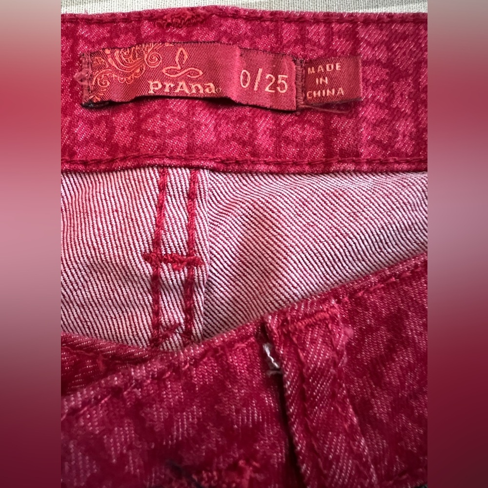PRANA KARA Organic Cotton Red Patterned Ankle Skinny Jeans Size 0/25 30x28 - Picture 6 of 7